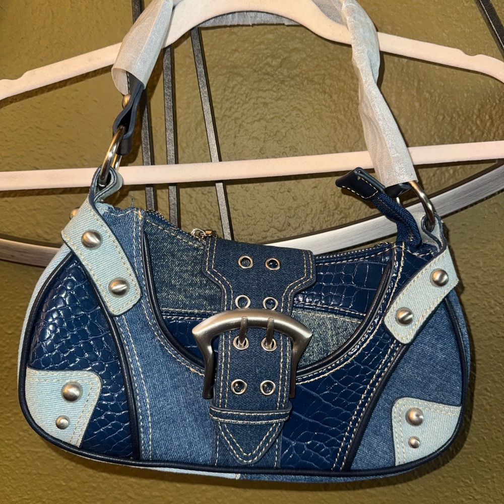 Dolls Kill Blue and White Denim Shoulder Bag
